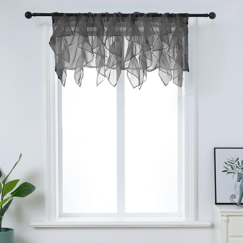 PearAge Ruffled Voile Semi Sheer Curtain Valance, Kitchen Living Room Shabby Chic Ruffle Valance Curtains, Girls Daughters Bedroom Cascade Window Valance Black 50x16 Inches - Image 1